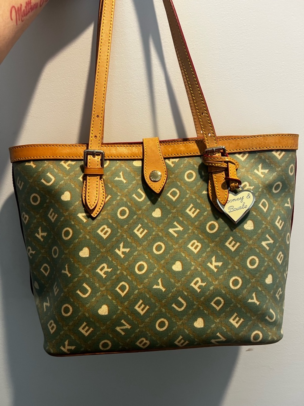 Y2K Rare! Vintage Dooney & Bourke Green Logo Print Tote with Tan Trim